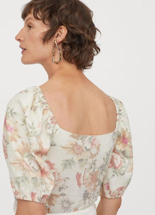 Льон+віскоза / натуральна блузка рукав "ліхтарик" квітковий принт/ укорочена полуоблегающая блуза3 фото