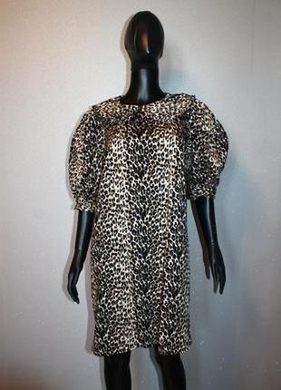 Эффектное винтаж леопардовое платье кокон батал с отложным воротом и объемным рукавом m