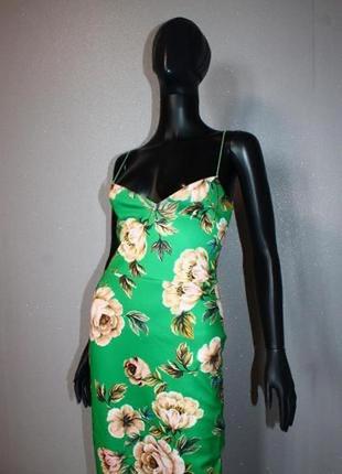 Шикарное зеленое миди платье белье комбинация в цветы в бельевом стиле на тонких бретелях с