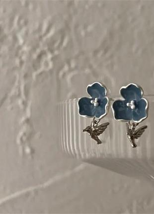 Серьги синие цветы птица колибри шарикчики под ретро винтаж птички цветок6 фото