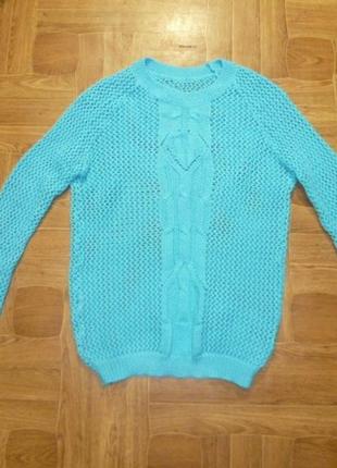 Красивый голубой свитер джемпер ажурный теплый реглан6 фото