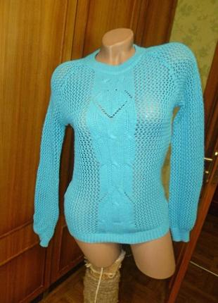 Красивый голубой свитер джемпер ажурный теплый реглан1 фото