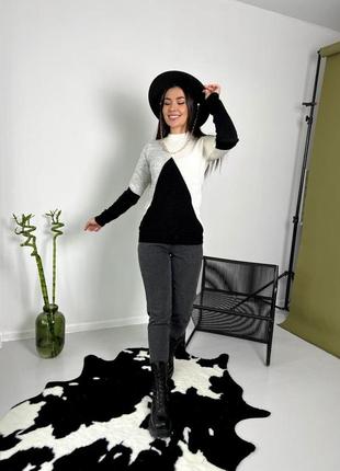 Женский теплый свитер, прилегающего силуэта, черн+сер+молоко2 фото