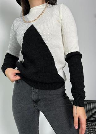 Женский теплый свитер, прилегающего силуэта, черн+сер+молоко7 фото