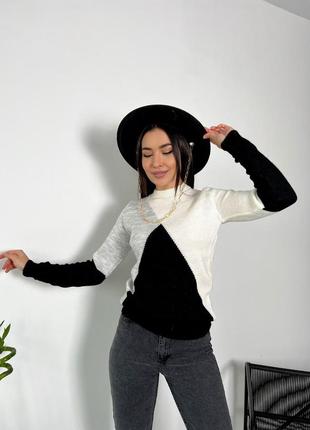 Женский теплый свитер, прилегающего силуэта, черн+сер+молоко8 фото