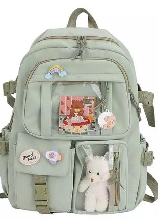 Рюкзак шкільний для дівчинки teddy beer (тедді) з брелоком ведмедика та стикерами кольору хакі goghvinci (av305)2 фото