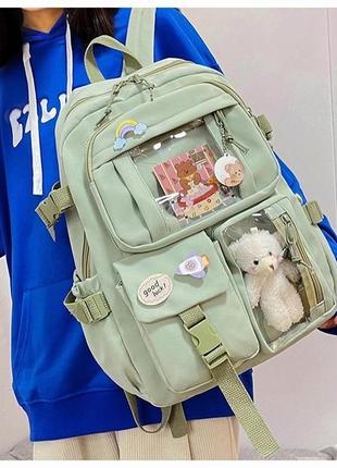 Рюкзак шкільний для дівчинки teddy beer (тедді) з брелоком ведмедика та стикерами кольору хакі goghvinci (av305)4 фото