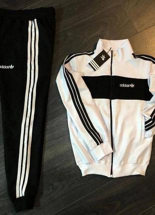 Спортивный костюм женский осенний черно-белый adidas адидас xs-3xl с лампасами двунитка