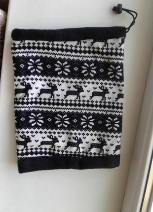 Черно-белый флисовый бафф , шарф-снуд со скандинавским узором с затяжкой унисекс1 фото