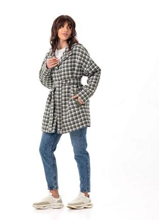 Пальто женское оверсайз шерстяное с кожаными вставками демисезонное клетчатое в гусиную лапку серое3 фото