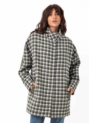 Пальто женское оверсайз шерстяное с кожаными вставками демисезонное клетчатое в гусиную лапку серое6 фото