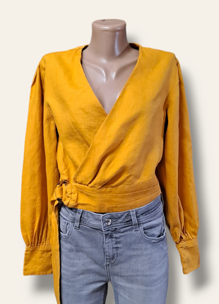 Желтая льняная блуза на запах