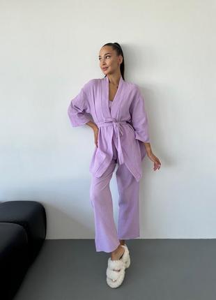 Легкая муслиновая пижама тройка, комплект тройка для дома и сна, кимоно, топ и штаны, домашний костюм лиловый