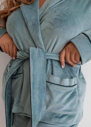 Стильная велюровая пижама на запах, фисташковая пижама домашний костюм укороченный халат и штаны2 фото
