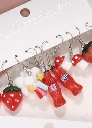 Набор сережек аниме 5 пар яркие сережки грибы ягоды облачки бутылочки2 фото