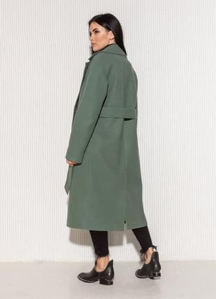 Пальто женское миди, шерстяное, прямого кроя, демисезонное осеннее весеннее, однотонное оливковое5 фото