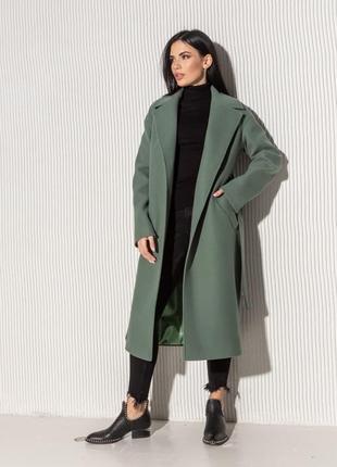Пальто женское миди, шерстяное, прямого кроя, демисезонное осеннее весеннее, однотонное оливковое3 фото