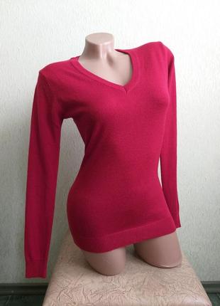 Джемпер. свитер v-образный вырез. пуловер. шерстяной лонгслив. красный, малиновый.2 фото