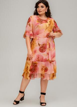 Яркое шифоновое женское платье с цветочным принтом, большие размеры6 фото