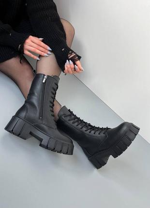 Ботинки - берцы женские, зимние, кожаные, натуральная кожа, натуральный мех, черные6 фото