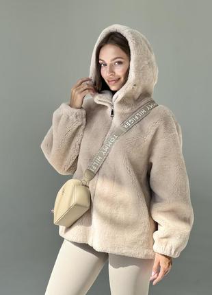 Натуральна овчина супер шубка з капюшоном