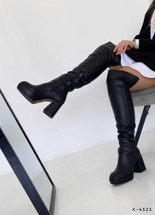 Натуральные кожаные черные демисезонные и зимние ботфорты на каблуке