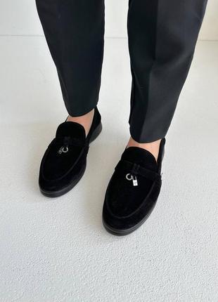 Лоферы туфли женские замшевые, натуральная замша, черные6 фото