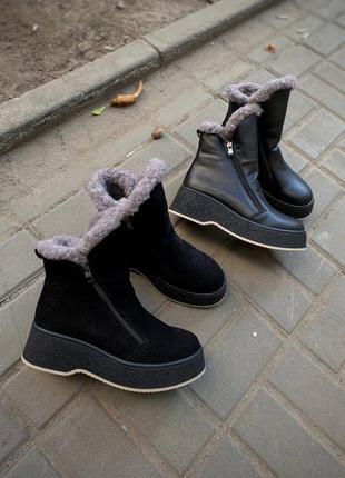 Натуральные кожаные и замшевые зимние ботинки внутри набивной мех