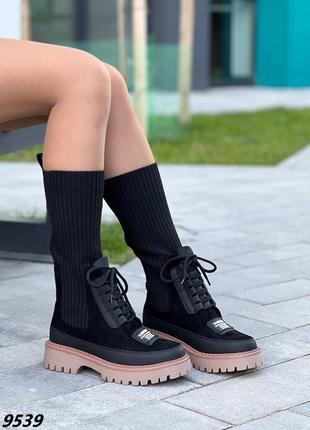 Черные высокие ботинки - сапоги - чулки еврозима внутри набивной мех3 фото
