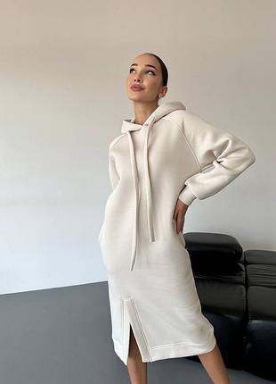 Теплое платье худи миди с капюшоном удлиненная туника кофта кенгуру батник хлопок зелёное мятное синее голубое электрик малина молоко серое белое