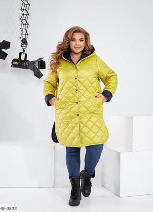 Пальто-рубашка женское стеганое демисезонное осень-зима свободного фасона с капюшоном больших размеров 48-583 фото