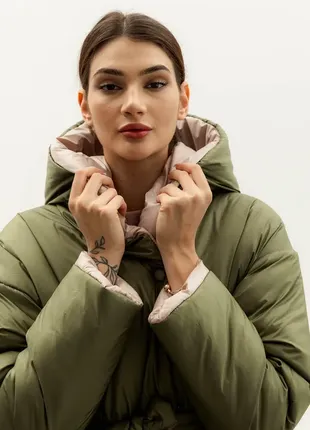 Оверсайз двухсторонняя куртка с поясом женская зимняя куртка с капюшоном8 фото