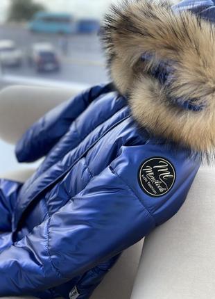 Костюм зимняя куртка и брюки полукомбинезона до -30 цвет электрик ткань водоотталкивающий мех енота3 фото