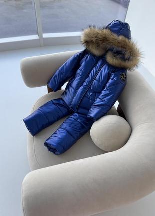 Костюм зимняя куртка и брюки полукомбинезона до -30 цвет электрик ткань водоотталкивающий мех енота4 фото