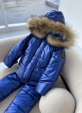 Костюм зимняя куртка и брюки полукомбинезона до -30 цвет электрик ткань водоотталкивающий мех енота6 фото