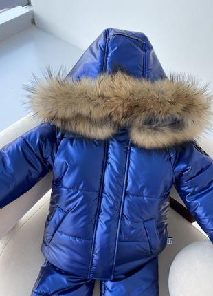 Костюм зимняя куртка и брюки полукомбинезона до -30 цвет электрик ткань водоотталкивающий мех енота7 фото