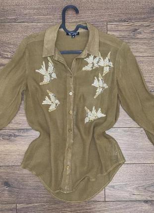 Шикарная прозрачная горчичная рубашка-блуза вышитая бисером, нитками, пайетками, и бусинами xs -s1 фото