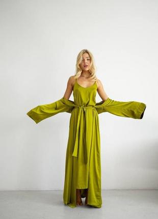Елегантний комфортний жіночий одяг для дому довгий шовковий халат anetta зеленого кольору тканина шовк армані