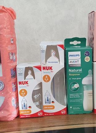 Бутылочка nuk, philips avent,  послеродовые прокладки bella mama, лактационные накладки nuk, lingery. стекляная бутылочка для кормления