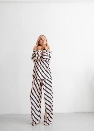 Стильный женский костюм для дома ткань шелк армани легкая модная качественная пижама в толстую полоску