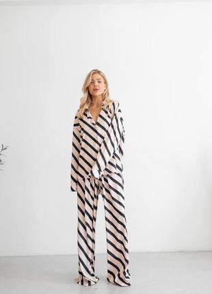 Стильный женский костюм для дома ткань шелк армани легкая модная качественная пижама в толстую полоску2 фото