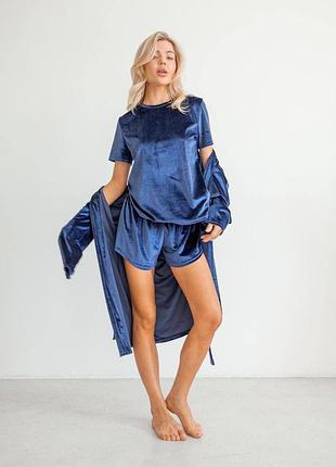 Жіночий домашній костюм olivia четка тканина велюр затишна м'яка піжама для дому домашня піжама синього кольору
