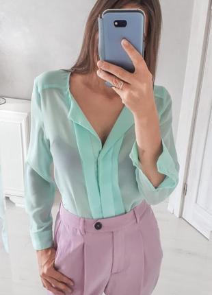 М'ятна блуза kira plastinina ментолова фісташкова шифонова блузка з довгим рукавом напівпрозора блуза кольору тіффвні4 фото