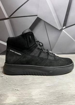 Черные качественные зимние мужские ботинки, полуботинки,теплые кроссовки,нубук, логоловая обувь на зиму8 фото