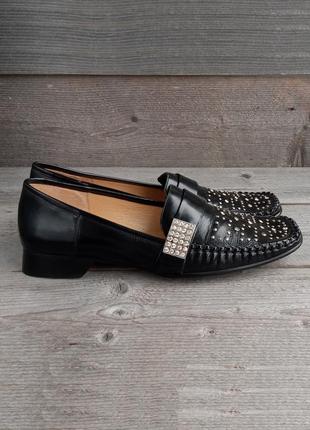 Кожаные женские черные туфли лоферы туфли деми без каблука мокасины натуральная кожа 42 размер