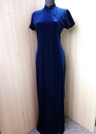 Французское вечернее синее нарядное  длинное велюровое платье с воротником s/m