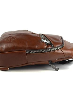 Коричневая мужская кожаная сумка рюкзак слинг на одно плечо нагрудная сумочка из натуральной кожи6 фото
