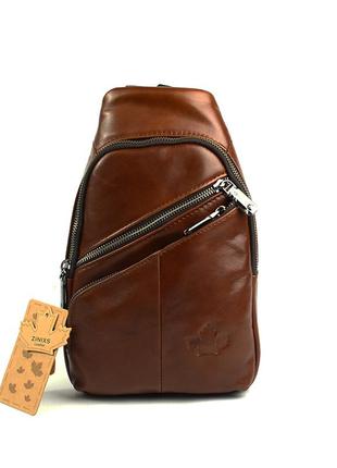 Коричневая мужская кожаная сумка рюкзак слинг на одно плечо нагрудная сумочка из натуральной кожи1 фото