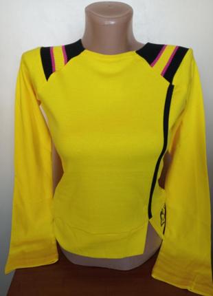 Красивая хлопковая кофточка лонгслив футболка с трикотажные вставками на плечах, длинный рукав, цвет желтый