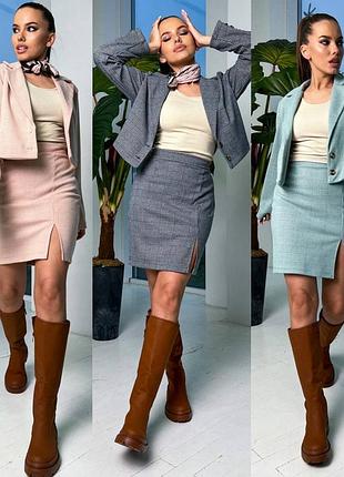 Костюм кашемировый в клетку - мини юбка с разрезом и пиджак, жакет. юбка и пиджак кашемир